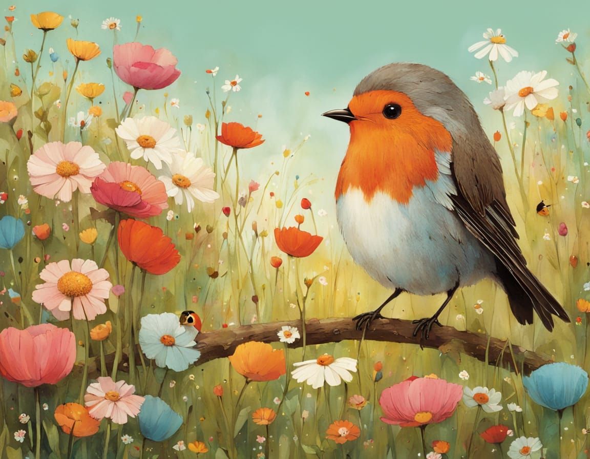 Whimsical Robin Chirps to Teddy Bear in Vibrant Meadow Scene