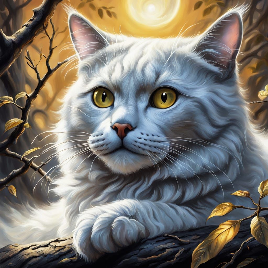 White Cat on Branch in Ethereal Gouache Fantasy