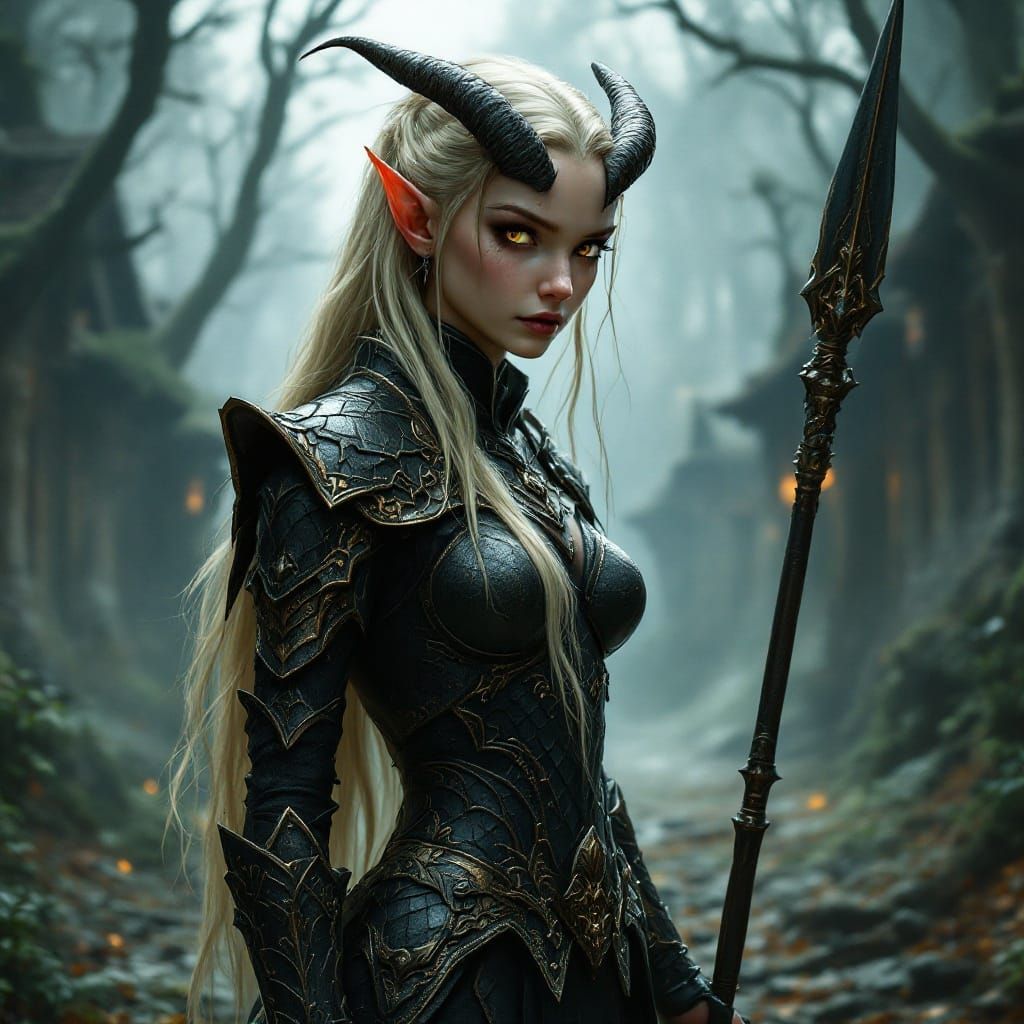 Ethereal Female Elf Warrior in Dragon Armor