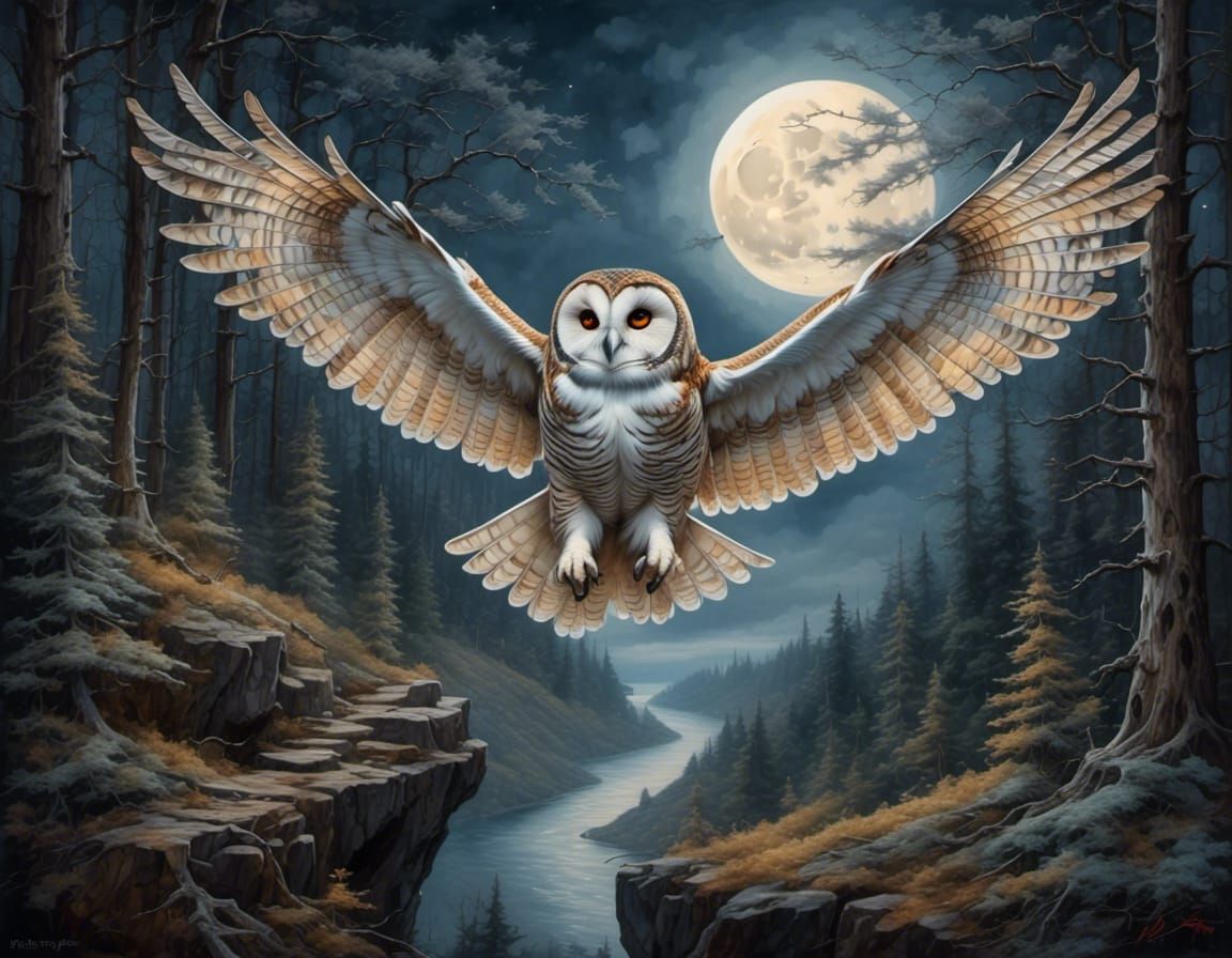 Owl in Flight Over Forest Moon: Ink and Pencil Art