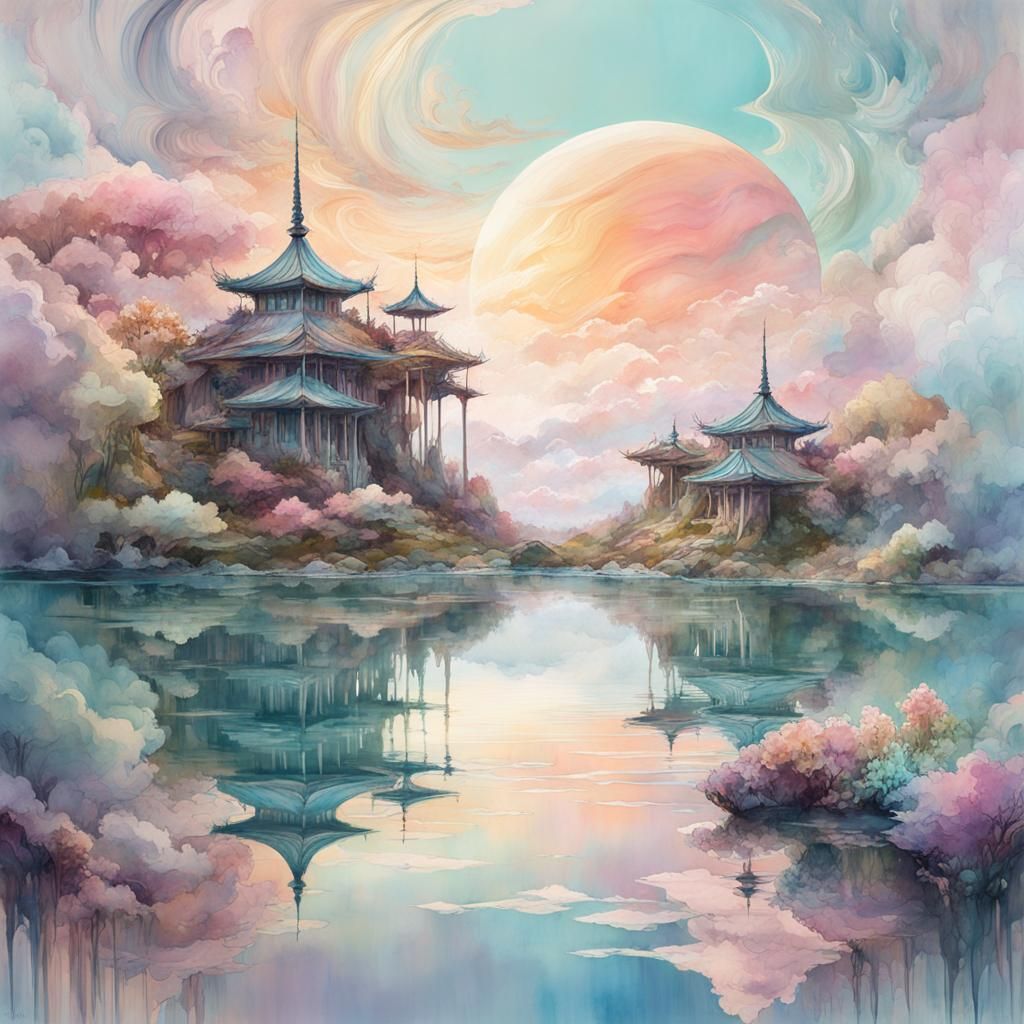 Pastel Watercolor Floating Islands in the Sky