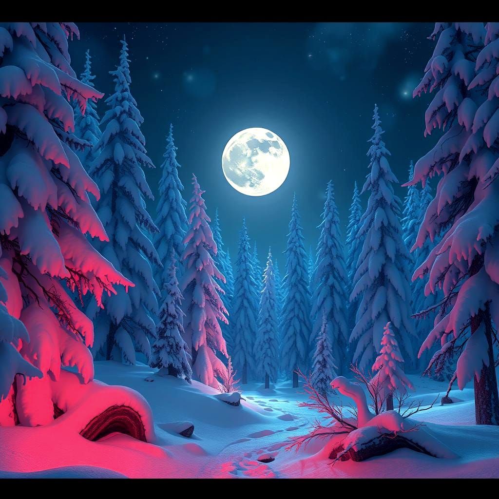 Snow Forest with Red Sphinx in Fantasy Art
