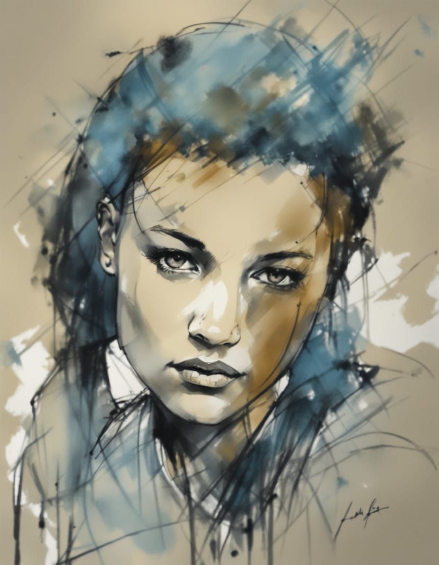 Moody Girl Portrait in Ink Drawing Style