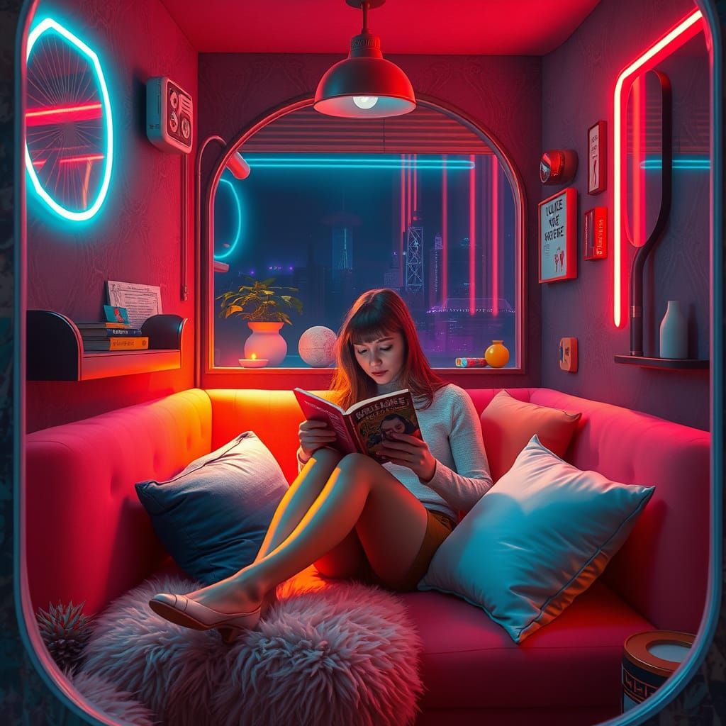 Cozy Synthwave Reading Nook in Retro Style