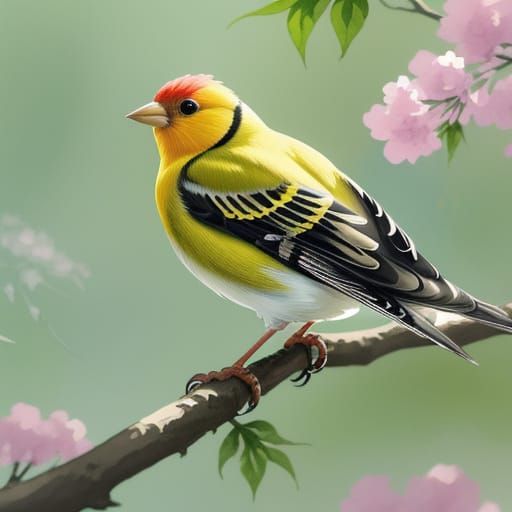 Surreal Gouache Painting of a Goldfinch Perched on a Delicat...