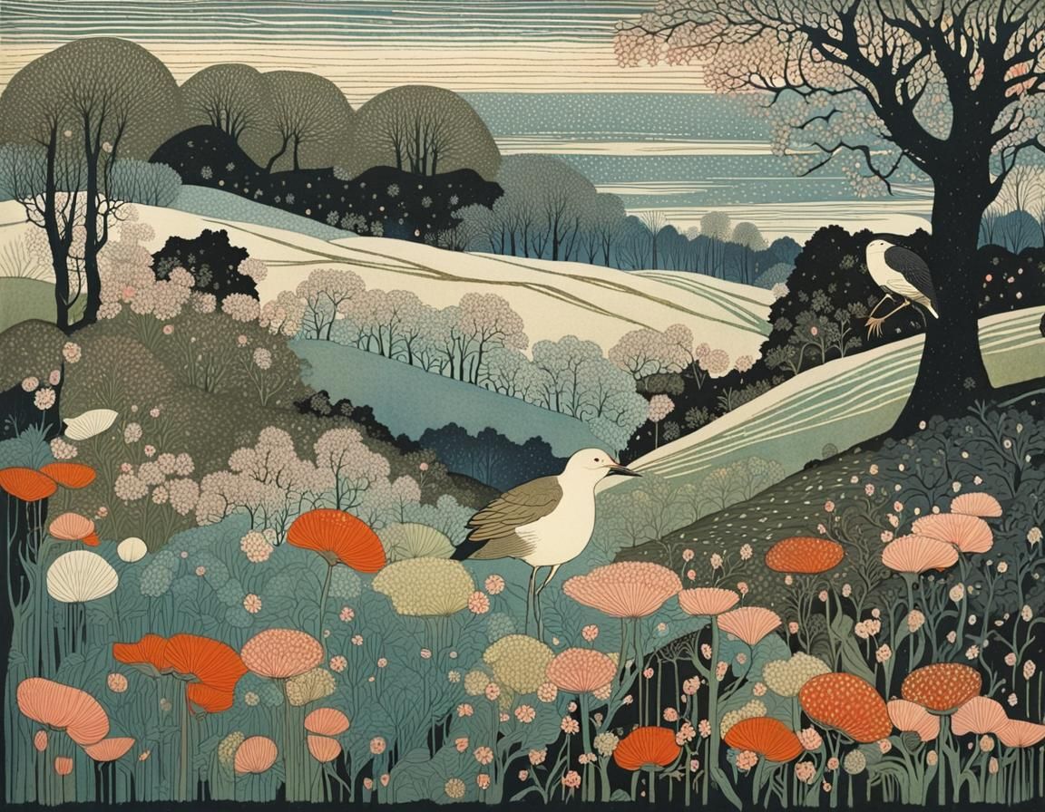 Whimsical Early Spring Landscape in Intricate Linocut Style