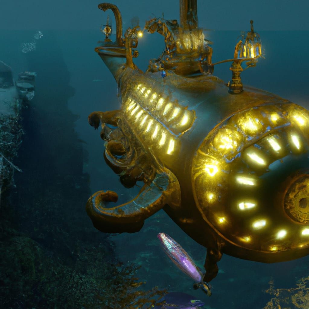 Bronze Steampunk Submarine in Deep Ocean Ravine