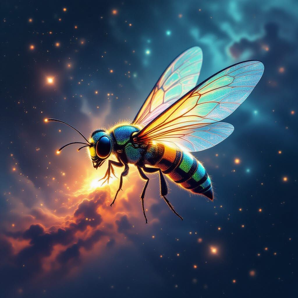 Giant Bioluminescent Firefly in Cosmic Nebula, Painterly Sty...