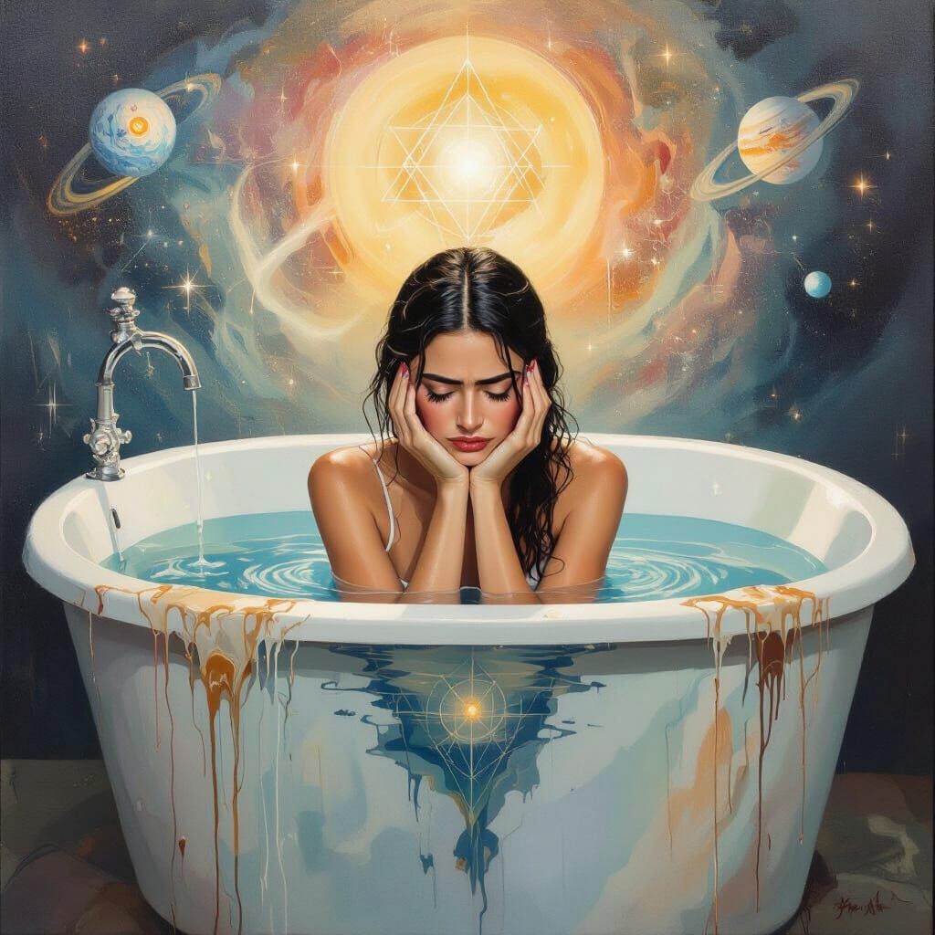 Woman's Serene Celestial Bath in Surrealist Oil Painting