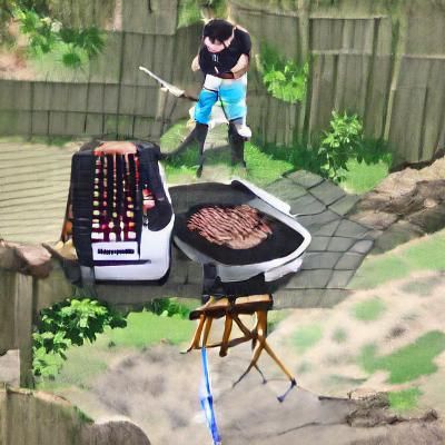 Anime Man Grilling Steaks in Backyard
