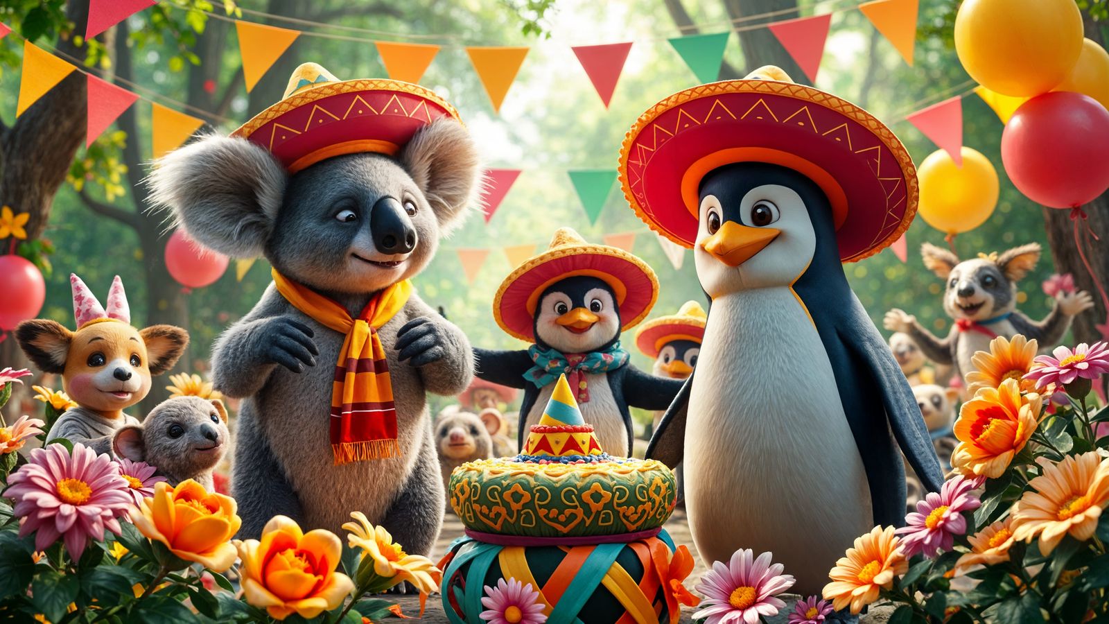 Koala and Penguin Fiesta in Lush Forest
