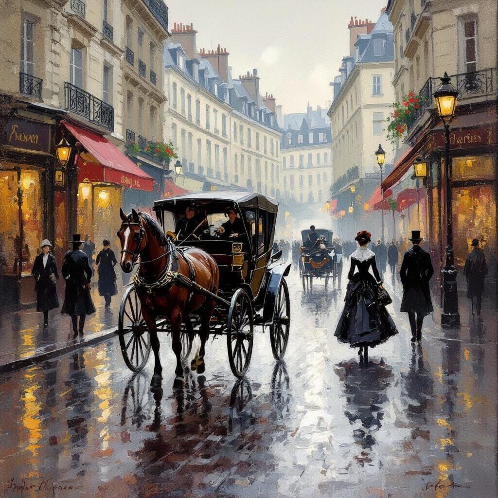 Victorian Paris Street Scene in Rainy Impressionist Style