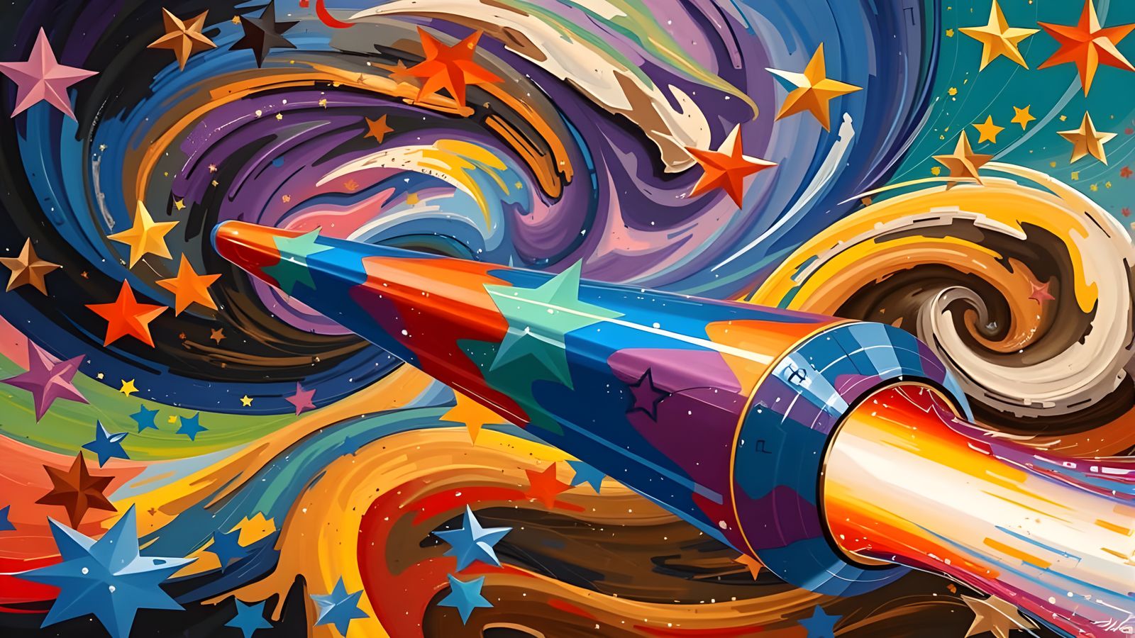 Sleek Mirror-Polished Cylinder in Vortex of Paint and Stars