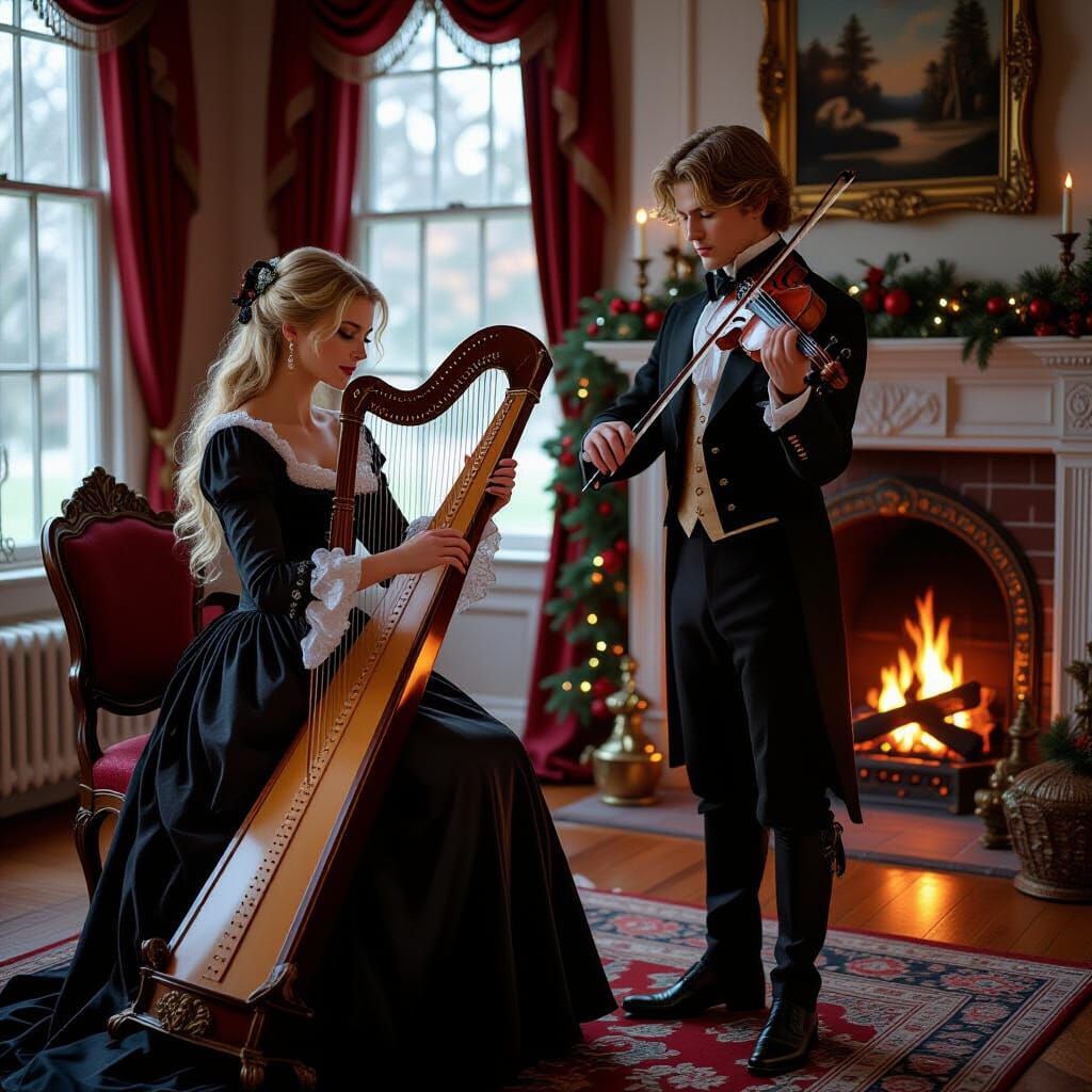 Victorian Christmas Scene with Musicians and Romantic Glance...