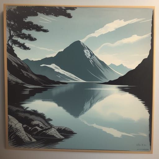 Fjord Sunrise Ink Drawing with Crisp Lines