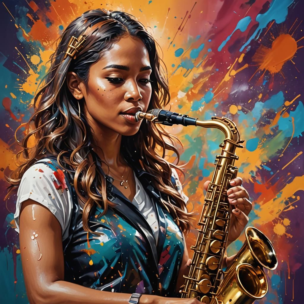 Hyperrealistic Girl Plays Saxophone in Splash Art