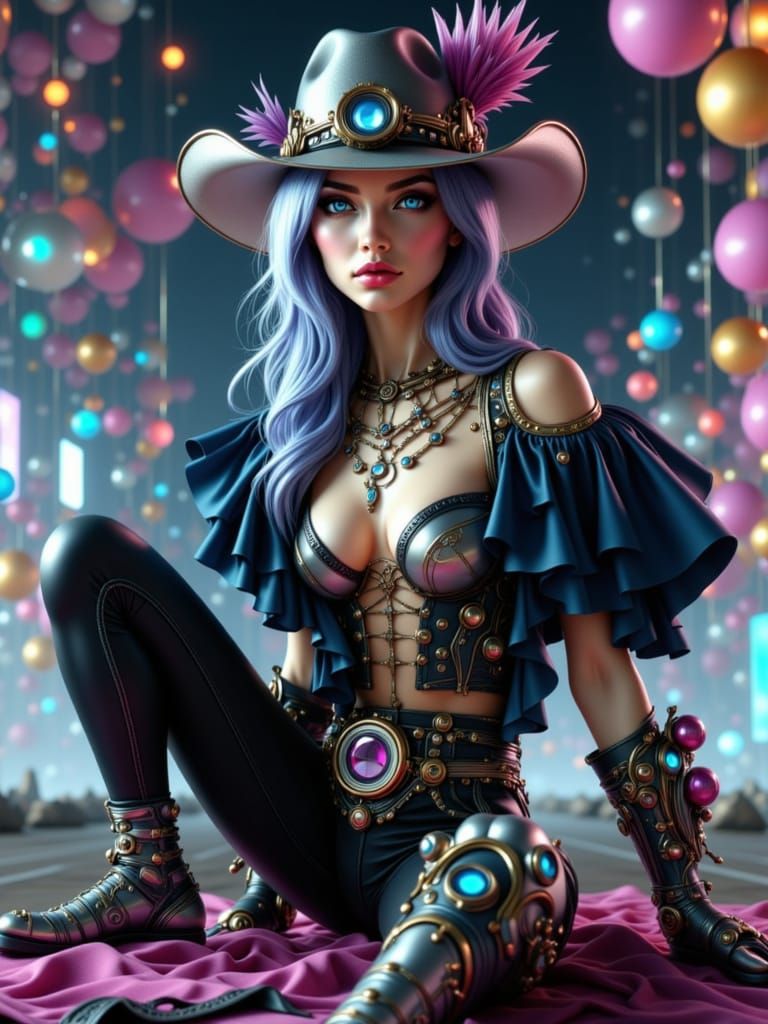 Animated Image of a cowgirl dressed in Steampunk style in op...