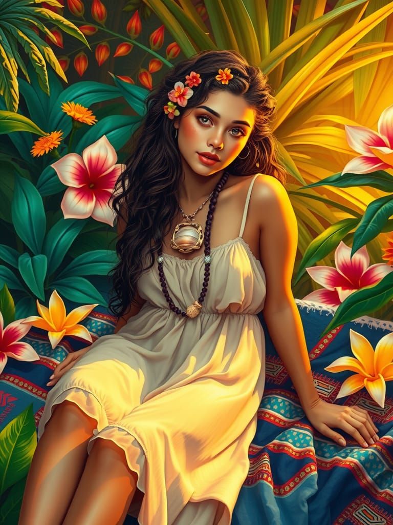 Woman in Tropical Paradise with Floral Adornments
