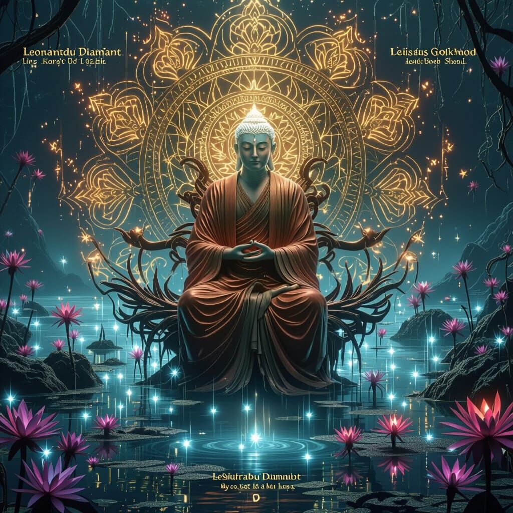 Buddha Meditating in Ethereal Swamp with Bioluminescent Flor...
