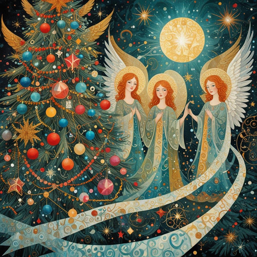 Surreal Angels Amidst Geometric Klimt-Inspired Christmas Tre...