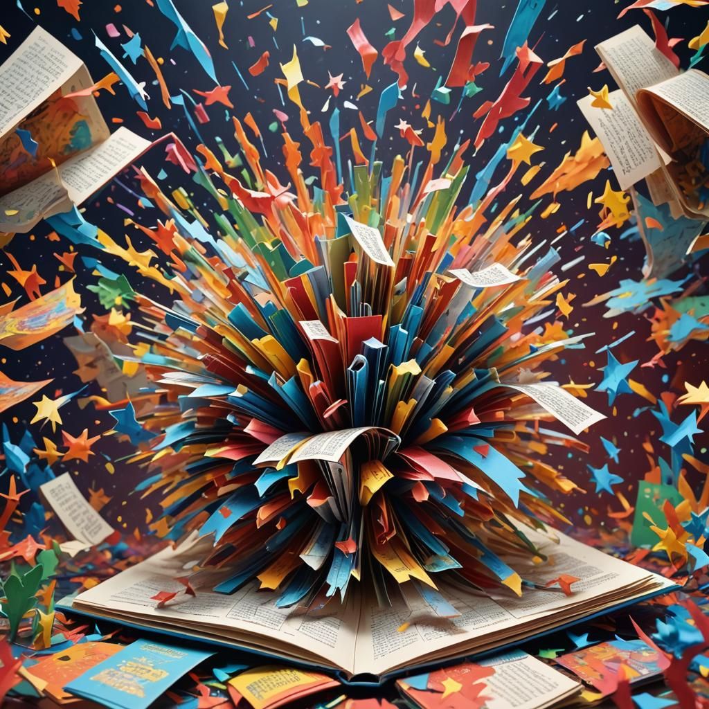 Sprites Bursting from Popup Book: Hyperrealistic Concept Art