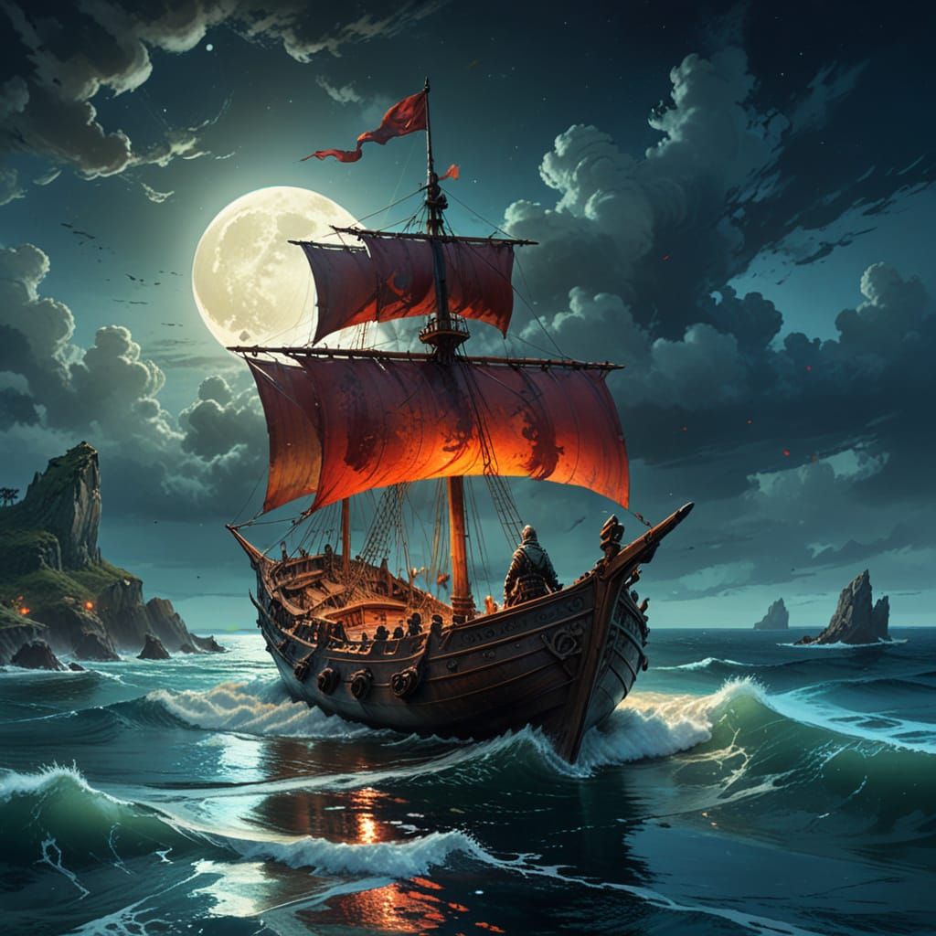 Cinematic blood moon landscape medieval boat at sea.