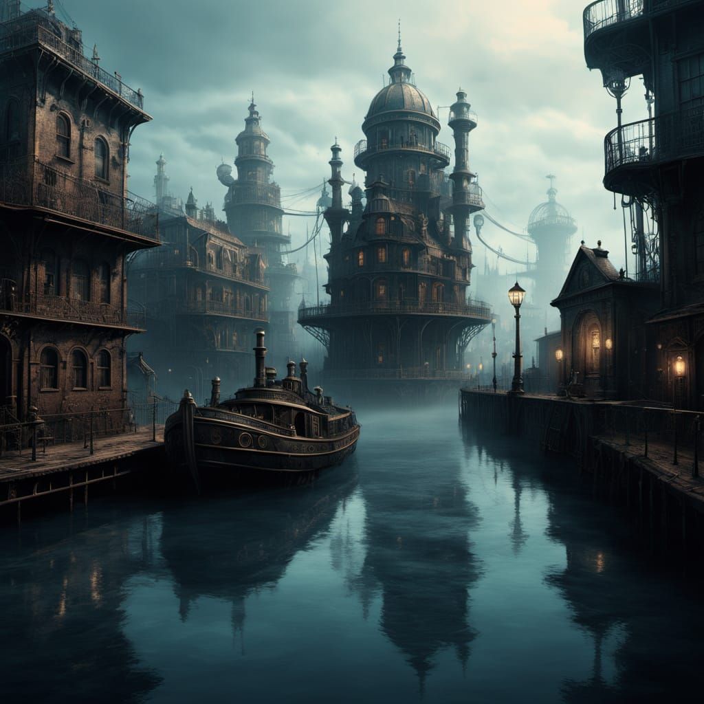 Steampunk Machinery in a Foggy, Golden Hour Atmosphere