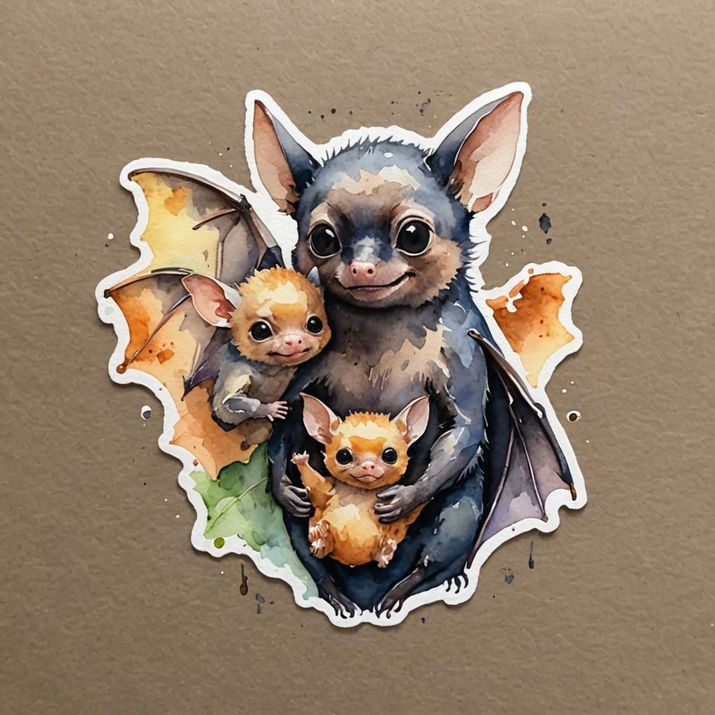Watercolor Mother Bat and Baby Art