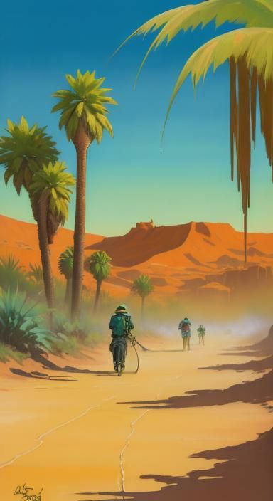 Art Nouveau Desert Sunrise in Polychromatic Oil Painting