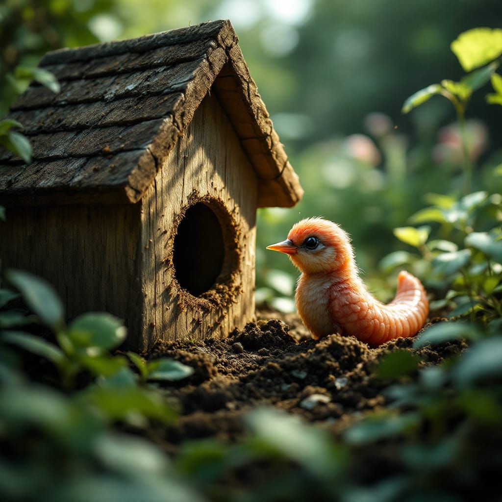 Baby Bird and Worm Build Birdhouse in Garden