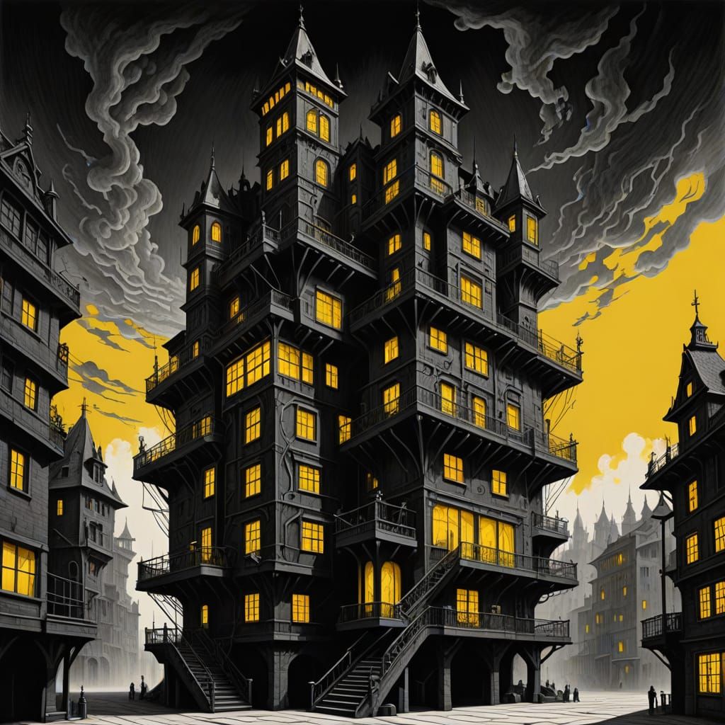 Surrealist Futuristic Tower in M.C. Escher-Inspired Charcoal...