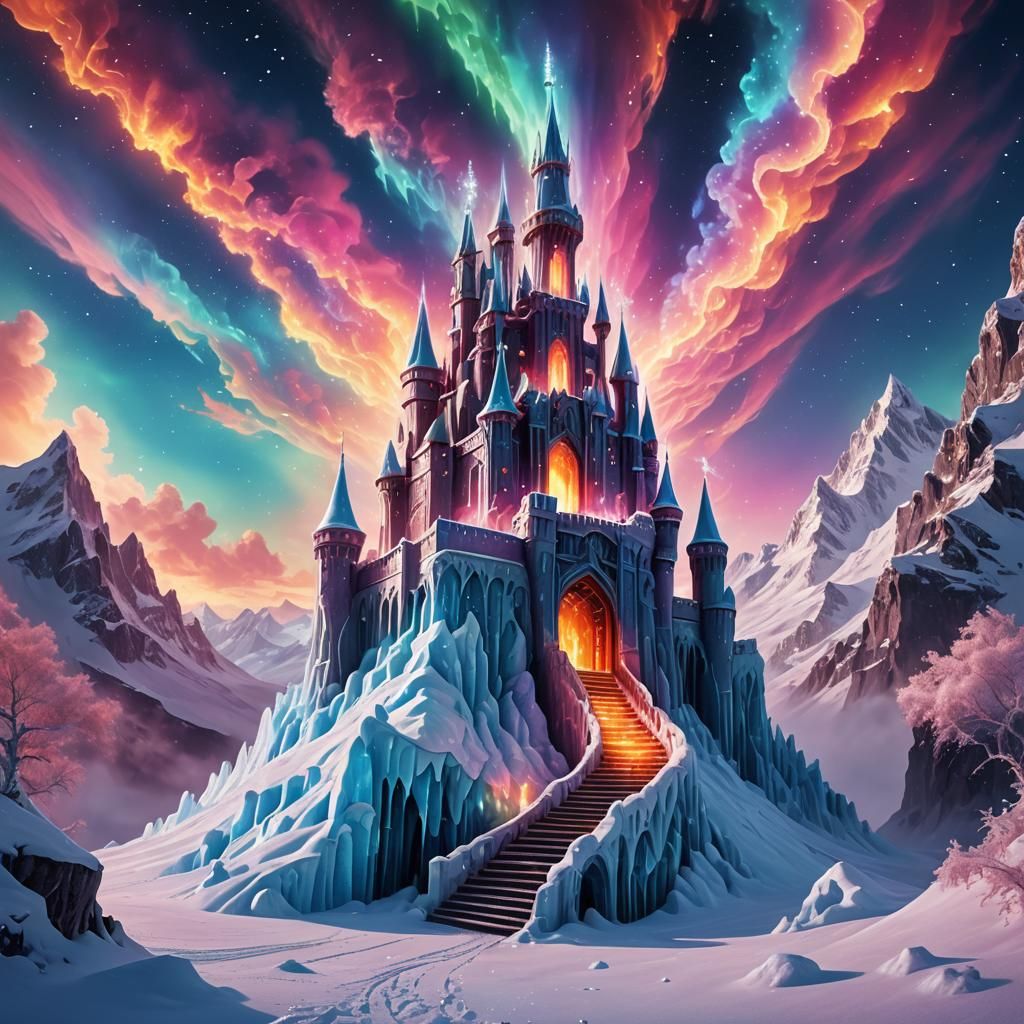 Ice Castle with Fiery Staircase: Astral Illustration