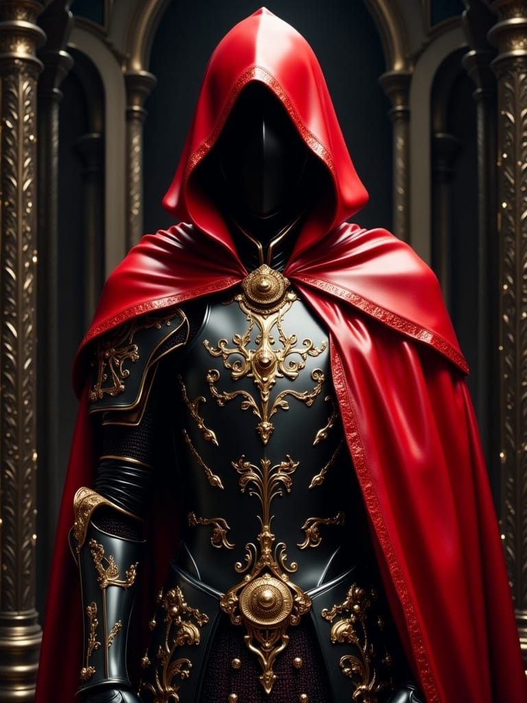 Faceless Knight in Red Cape with Gold Filigree