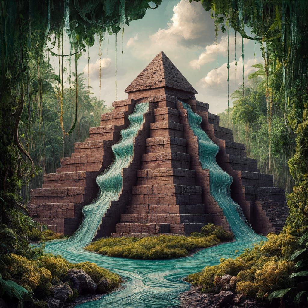 Jungle Pyramid Waterfall in Acrylic Style