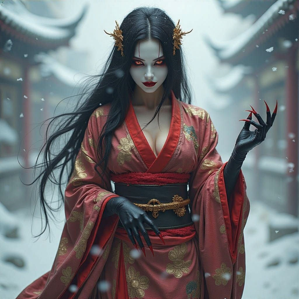 Elegant Demon Woman in Snowstorm, Digital Art
