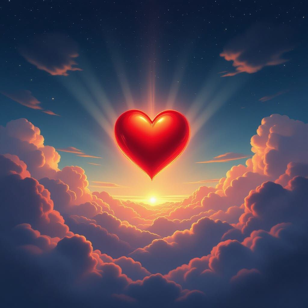 Glowing Red Heart Falls Through Ethereal Sky