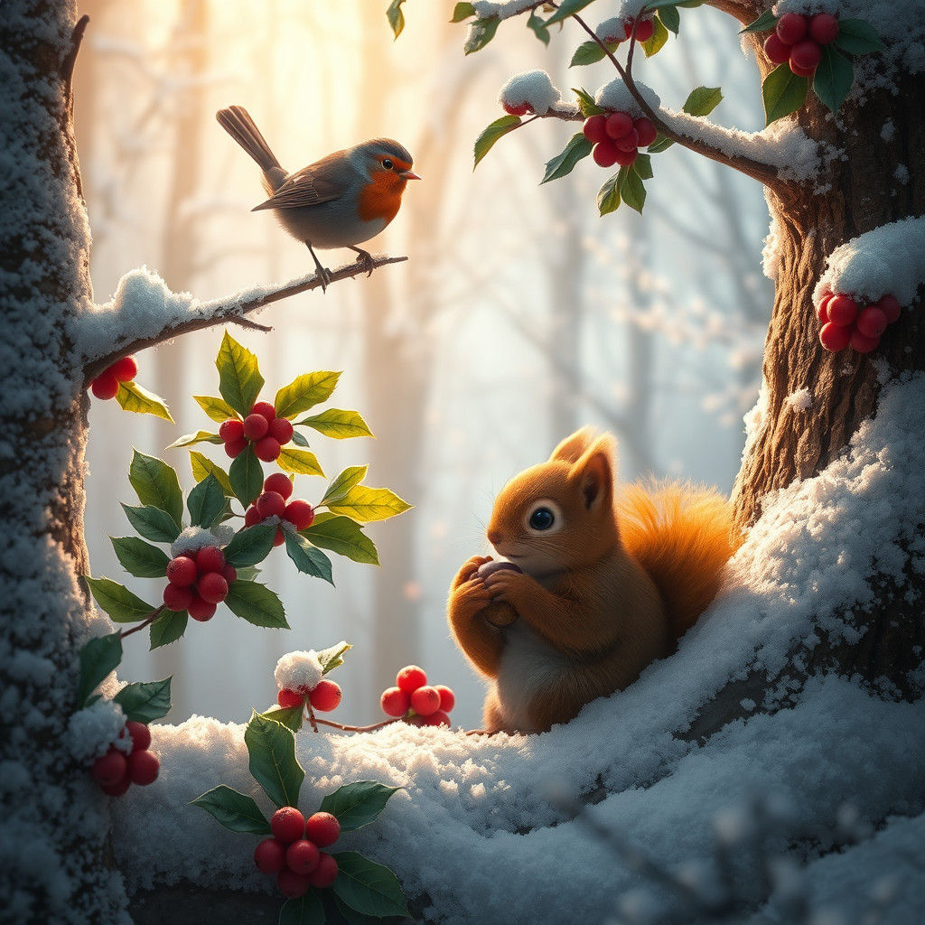 Winter Forest Scene with Squirrel and Robin