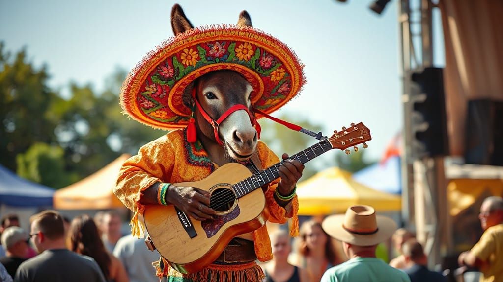 Donkey Plays Guitar in Sombrero at Music Festival