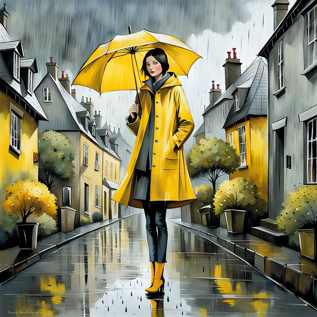 Whimsical Rainy Day Street Scene Illustration