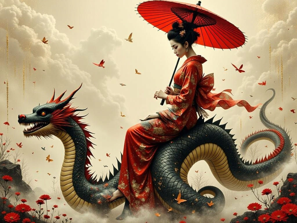 Geisha on Dragon with Parasol in Japanese Style