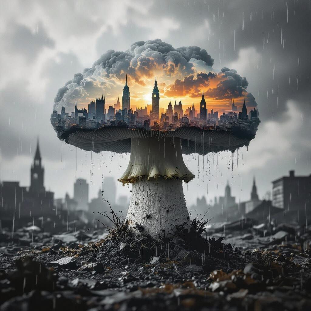 Surreal Double Exposure: Mushroom Cloud City