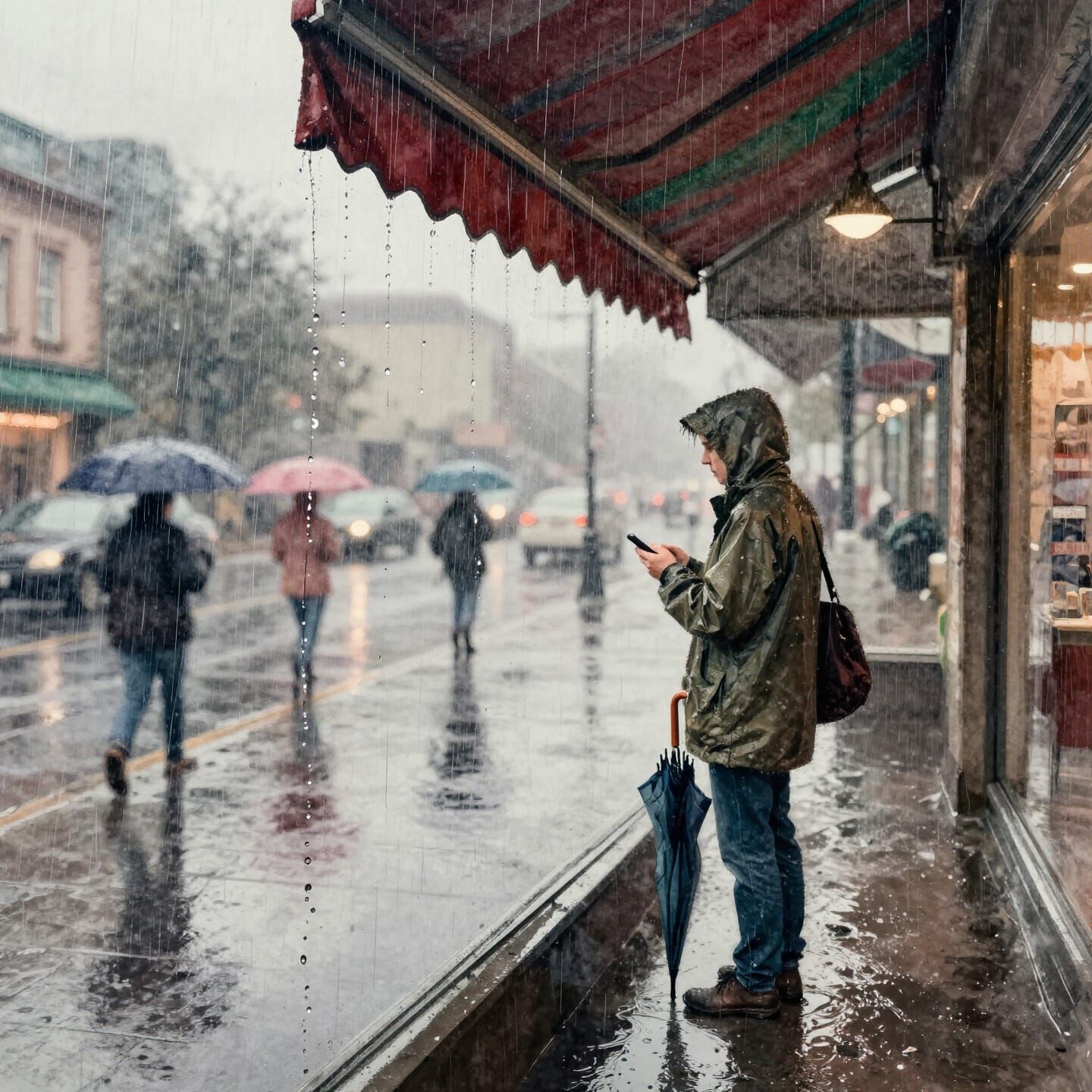 Figure Waits Under Awning for Rain to Ease