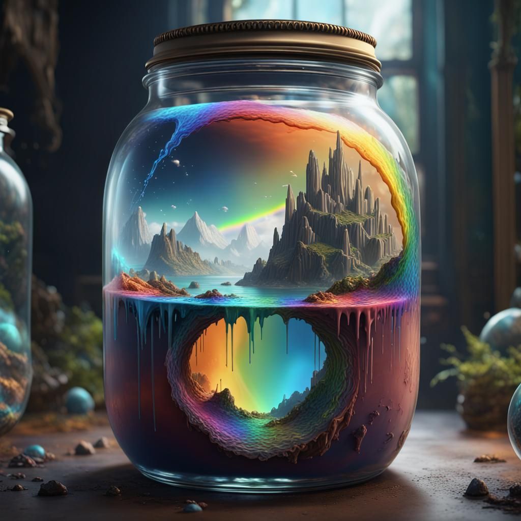 Rainbow Planet Trapped in Glass Jar: Fantasy Art