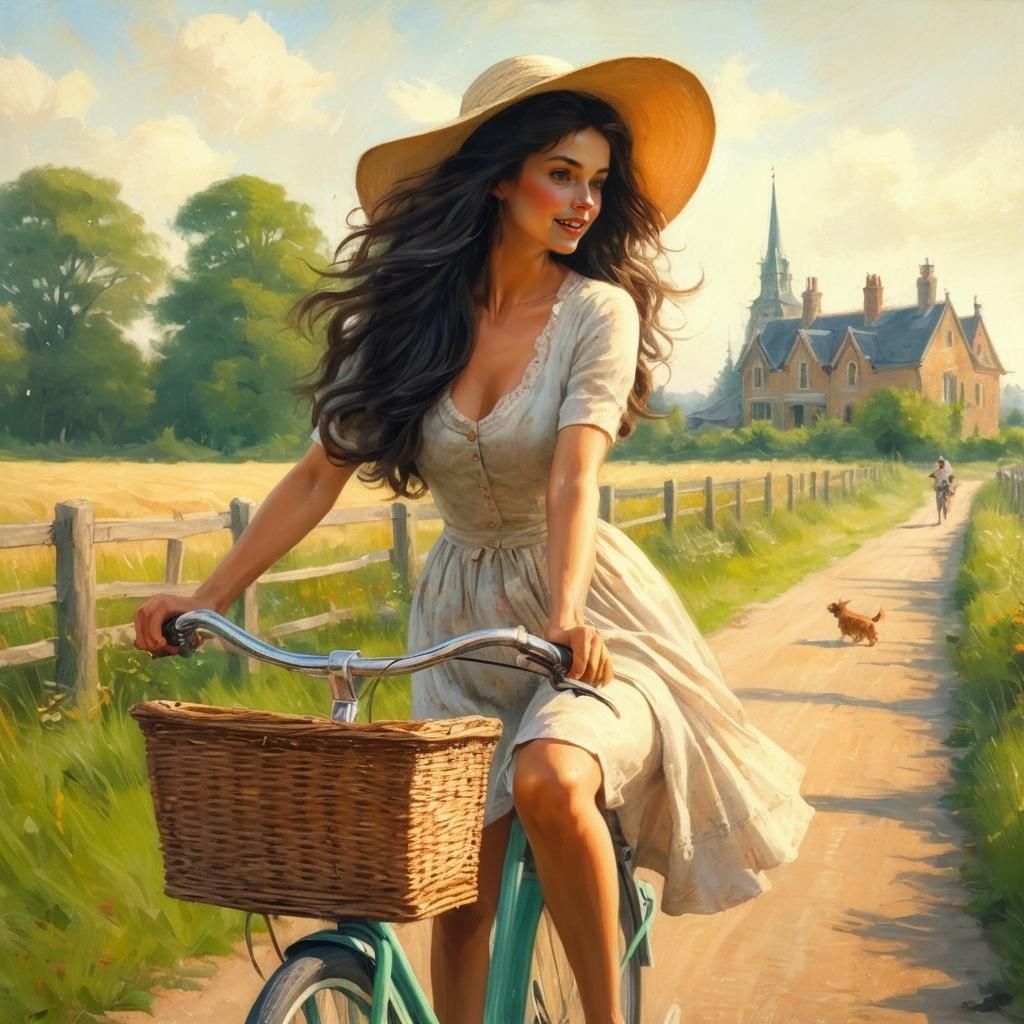 girl with wearing a hat bicycling in the country path. wearing a short gown. her dog barking and chasing after her. 60's...