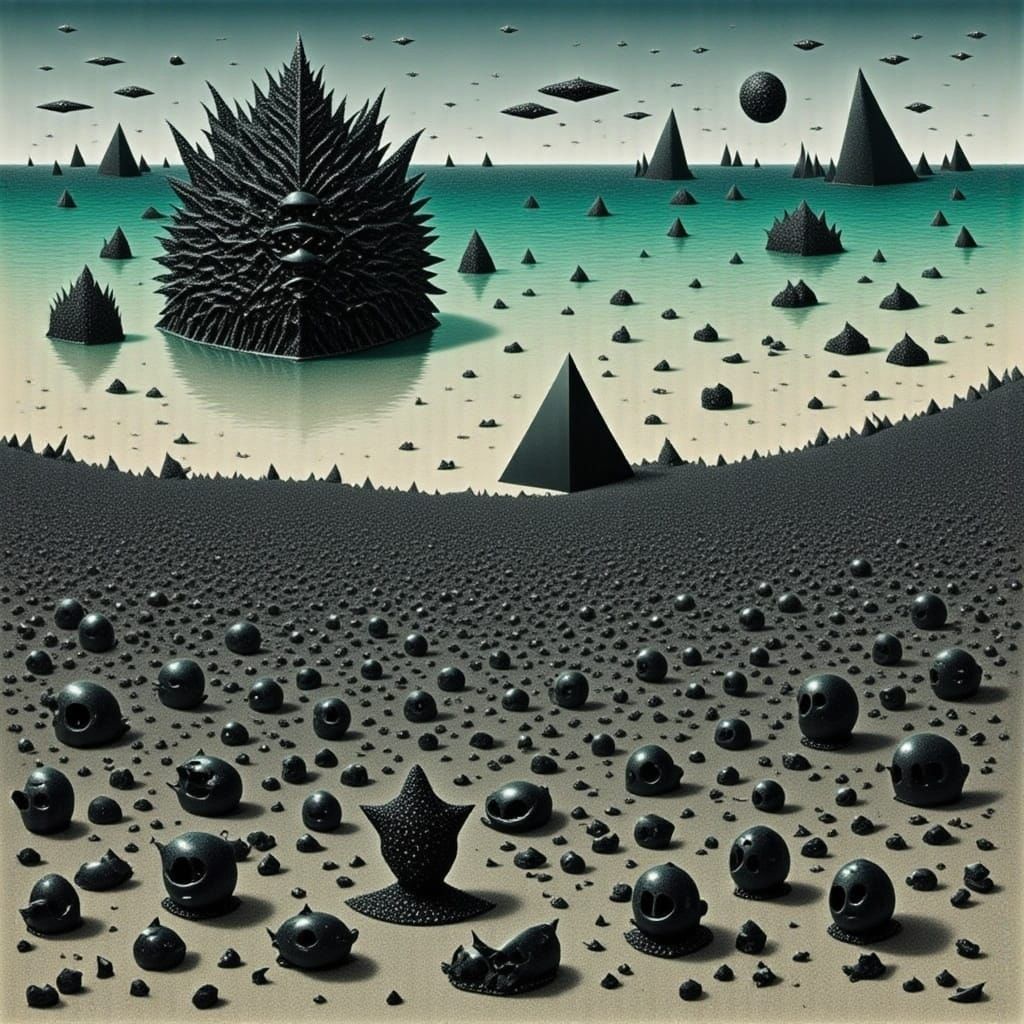 Gigeresque Alien Beachscape with Glittering Artifacts