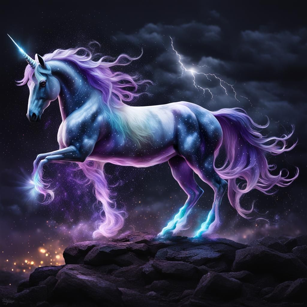 Ethereal Unicorn in Electrical Storm with Roses