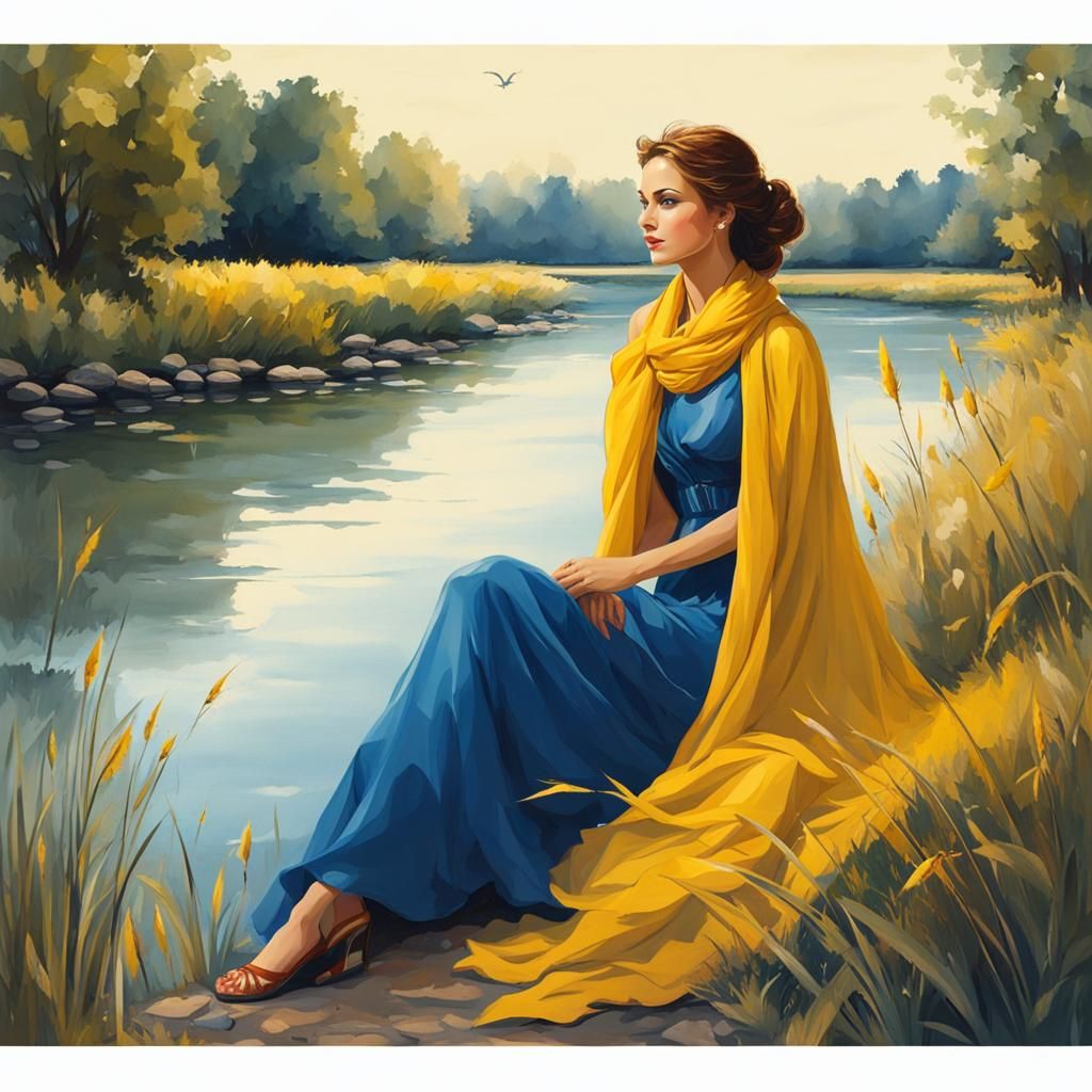 Woman at Riverbank in Baroque Illustration Style