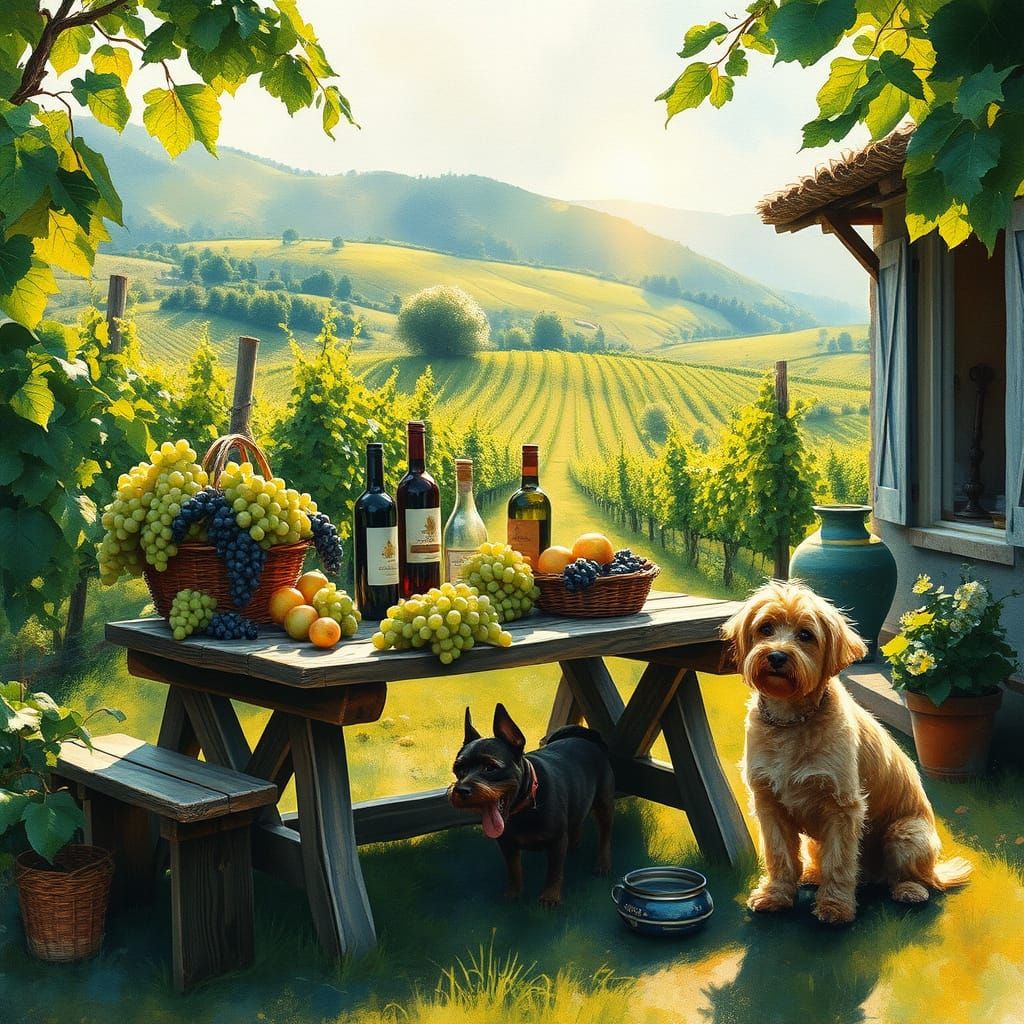 Rustic French Vineyard Scene in Watercolour Ink Style