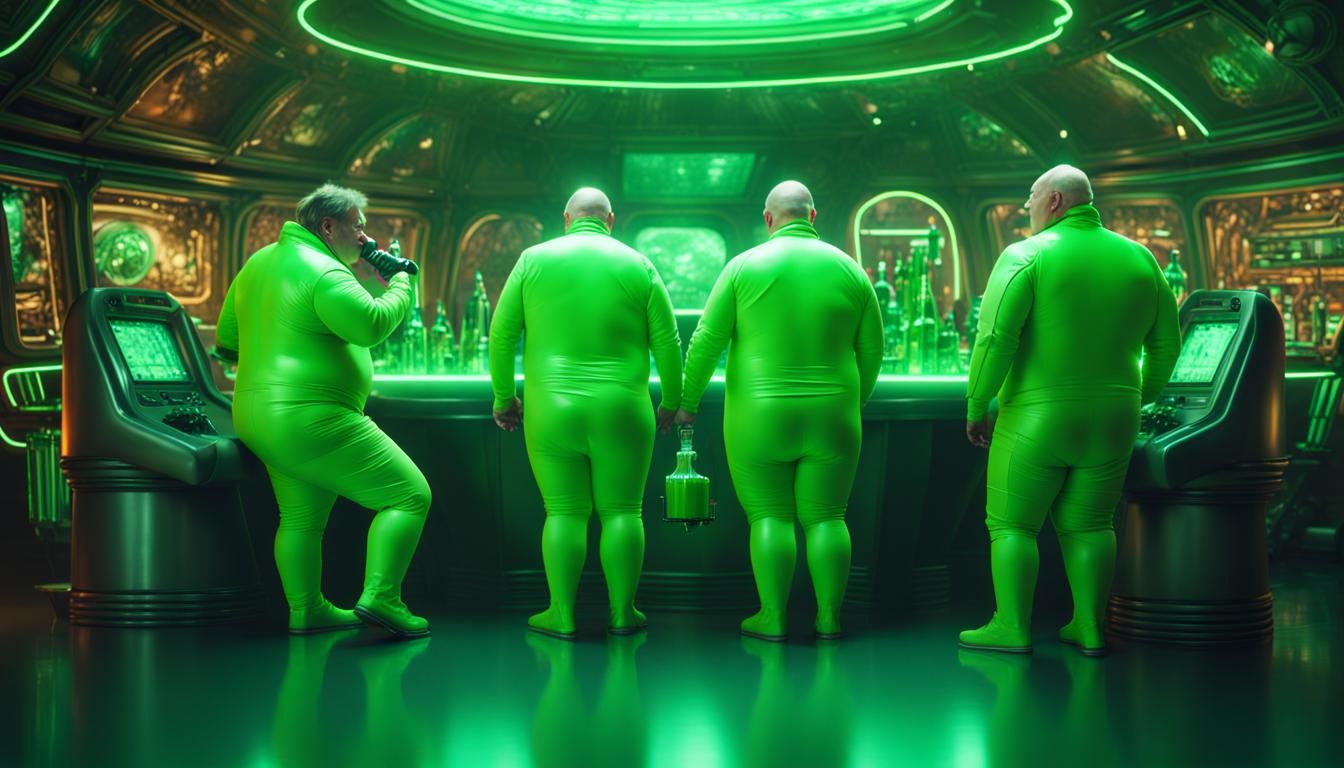 Overweight Men in Green Suits on Spaceship