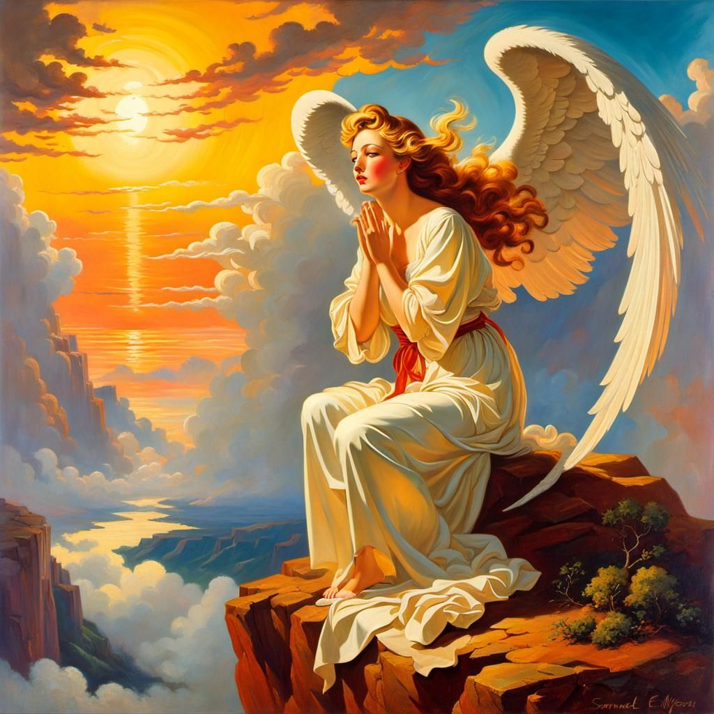 Crying Angel at Sunset: Expressionist Oil Painting